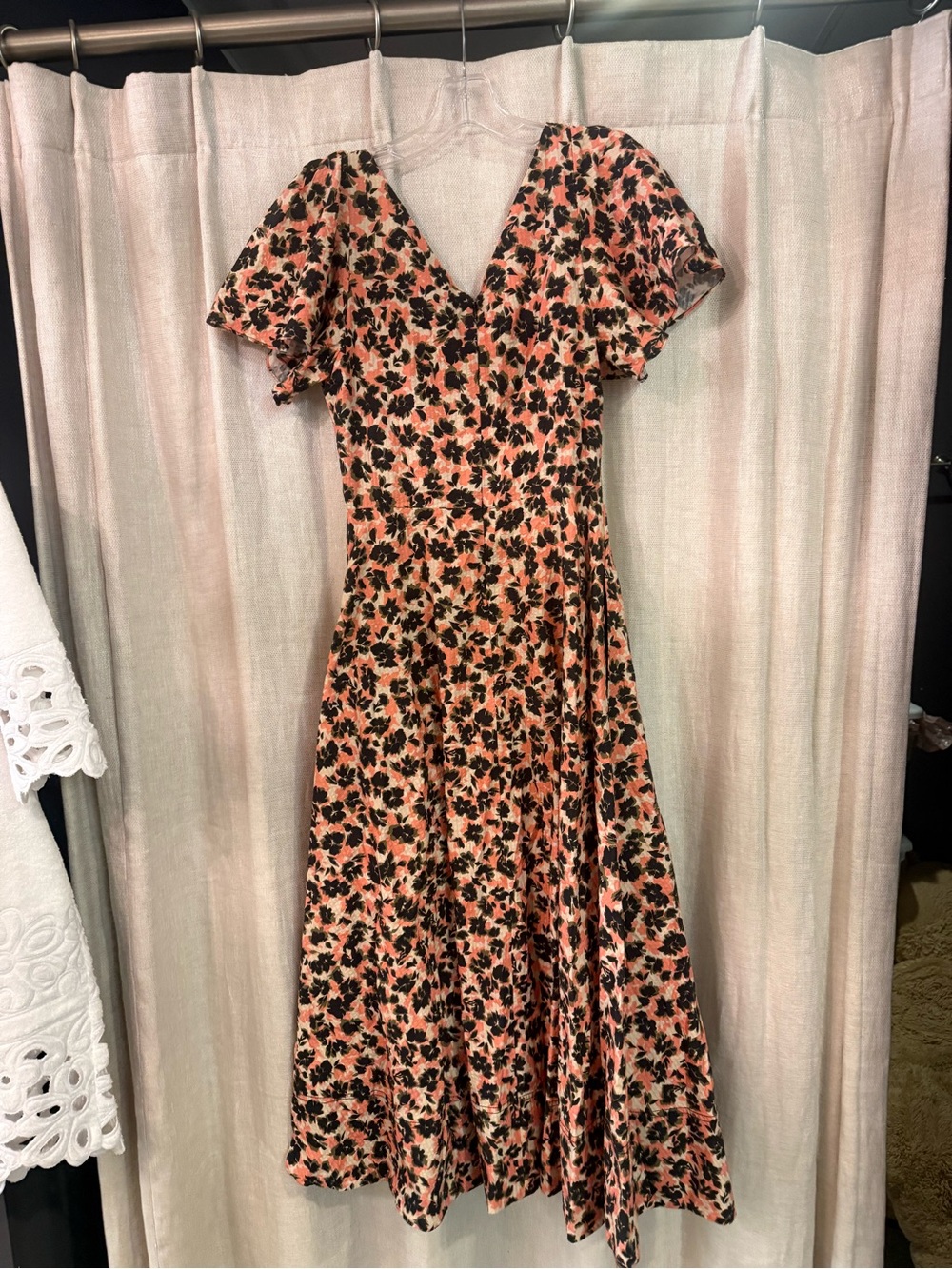 Tanya Taylor Peach and Black Floral V-Neck Midi Dress